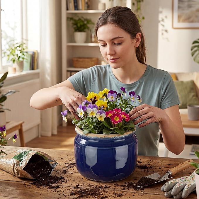7.7" Large Ceramic Plant Pot Navy Blue Vintage Planter Crackle Glaze Decorative Coastal Flowers Pot with Drainage for Indoor Outdoor Plants Home Shelf Kitchen Office Patio Decor Gift