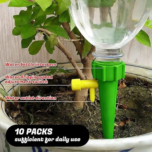 Self Watering Spikes for Plant, 10 Pack Plant Watering Devices with Adjustable Valve, Self Watering Planter Insert for Indoor Outdoor Potted Plants, Alternative to Plant Watering Globes