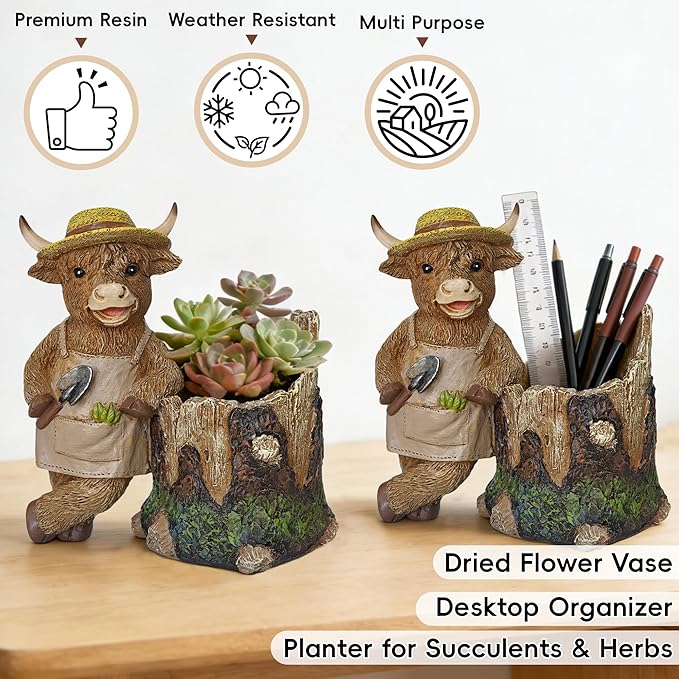 Cute Plant Pots Indoor - Cool Highland Cow Flowers Pots with Drainage,Small Flower Pot for Succulents,Cacti,Small Plants,Mini Planters for Home Desk Patio Decorations,Unique Gift for Plant Lovers