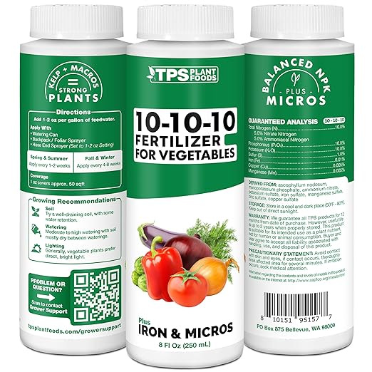 10-10-10 Fertilizer for Vegetables – Liquid Plant Food with Iron & Micronutrients for Balanced Nutrition, Strong Roots & Healthy Harvests, 32 oz