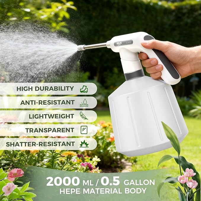 DELIXI Electric Spray Bottle 2L/0.5 Gallon, Electric Sprayer with Dual Spray Modes (Wide Mist & Jet), 1500mAh Battery and Ergonomic Grip Suitable for Garden, Patio, Indoor Plants & Flower Shop