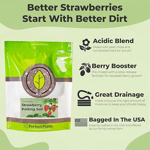 Perfect Plants Organic Strawberry Potting Mix | Organic Premium Mix | Use with Strawberry's, Pineberry's, or Other Fruit Plants (8qt)