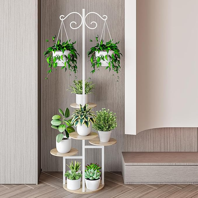 INGIORDAR Plant Stand Indoor Outdoor Corner Flower Stands Multiple Flower Pot Holder for Patio Garden Balcony Living Room 5 Tier with hook White+Sonoma Oak