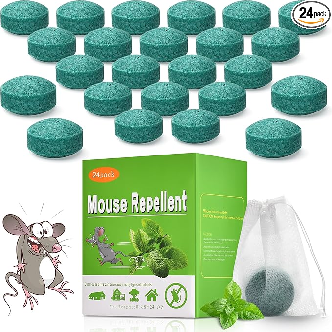 Rodent Repeller, 24 Packs Mouse Trap Peppermint Oil Spray for Mice, Indoor & Outdoor Use, Safe for Humans & Pets, Pest Control Moth Balls, Spider Defense, Car Engine & Home Protection