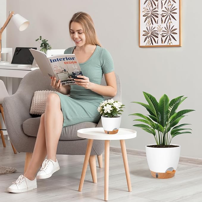 QRRICA Plant Pots 8/7/6.5/6/5.5/5 Inch Self Watering Pots, with Drainage Holes and Saucers,Water Level Indicator & Deep Reservoir,Large Plastic Planter for Indoor Out Door Plants (White)