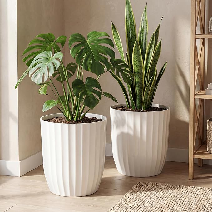 Briwooody 2 Pcs Tall Planter 12.6" Large Round Plastic Plant Pots with Drainage Hole and Tray White Modern Planter for Indoor Outdoor Plants Home Office Kitchen Bedroom Living Room Porch Patio Decor