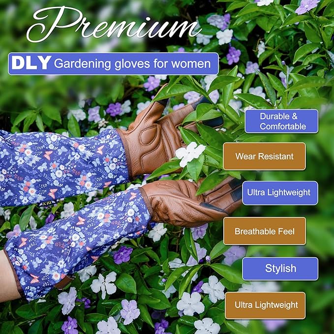 DLY Gardening Gloves for Women, Rose Gloves Thorn Proof, Long Garden Gloves for Women, Breathable Cowhide (Large, Brown)