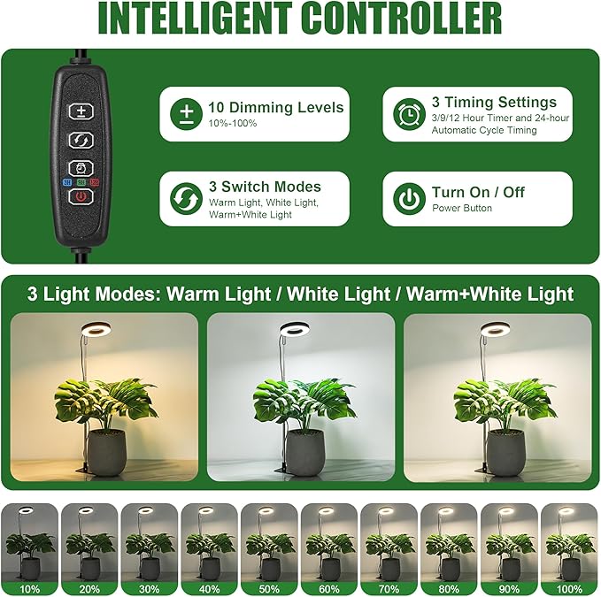 48 LEDs Full Spectrum Grow Lights for Indoor Plants, Height Adjustable, Small Black Halo Plant Light with Base, 3 Light Modes, 10 Brightness, Auto Timer 3/9/12H, 2 Pack