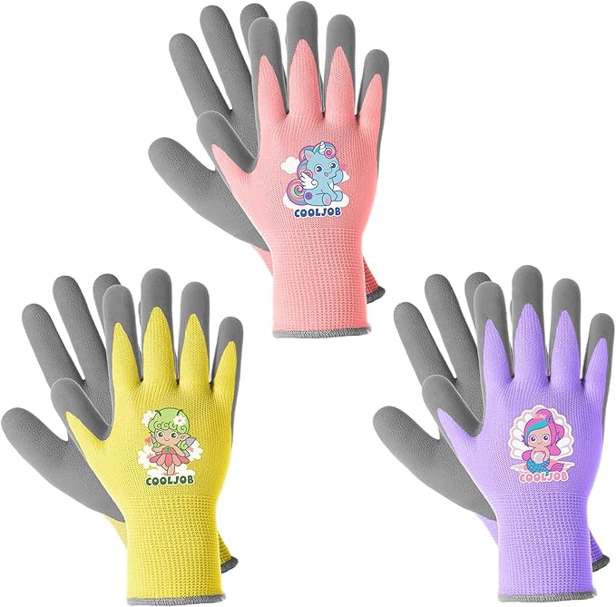 COOLJOB 3 Pairs Kids Gardening Gloves for Age 9-12, Children Toddler Girls Grippy Rubber Coated Work Gloves, Purple & Pink & Yellow (Little Beauty, Large L)