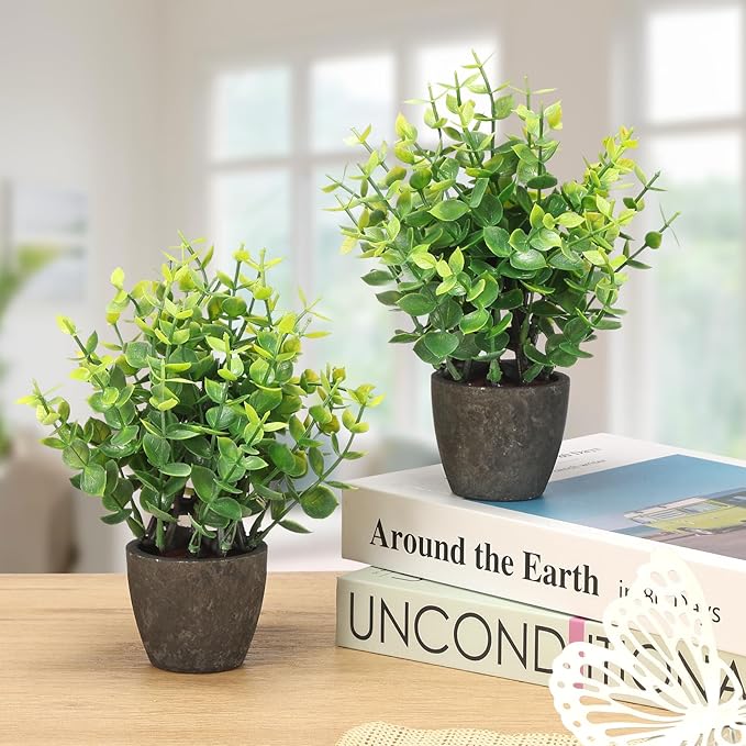 FAVOWREATH 2 Pack Fake Plants Ceramic Mini Artificial Greenery Potted Plants for Home Decor Office Decor Room Decor Farmhouse Decor Indoor Table Bathroom Decor