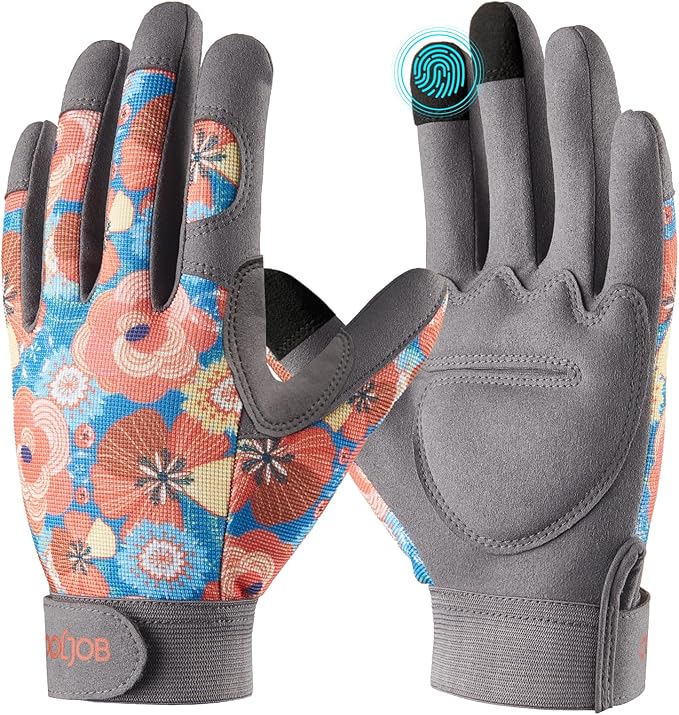 COOLJOB Medium Gardening Work Gloves for Women Ladies, Thorn Proof for Rose Pruning, Cactus Handling, Blackberry Bush Planting, Puncture Resistant Anti-Slip Flexible, 1 Pair M Floral Orange