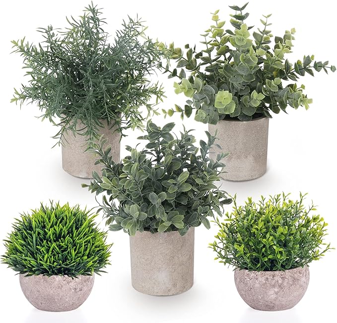 5 Pack Fake Plants, Small Artificial Plants in Pots, Faux Plants Indoor, Artificial Eucalyptus Plants for Desk Shelf Bathroom Bedroom Kitchen Living Room Office Decor Housewarming Gift