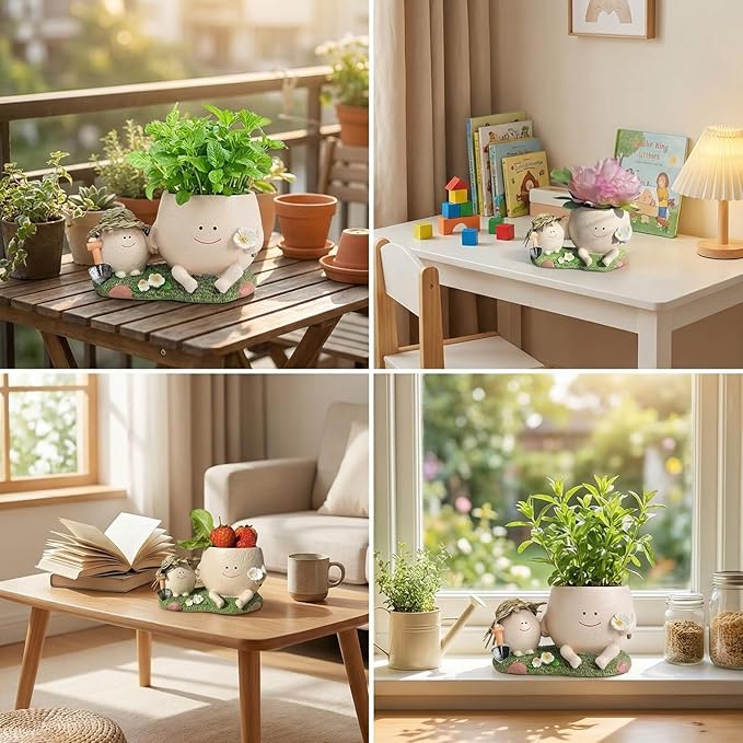 TEARS OF GAIA Lovely Face Planter Pot, Cute Resin Flower Head Planters with Drainage, for Mom, Funny Succulent Plant Lover Gift, Unique Gift Ideal for Plant Lovers (Parent-Child Time)