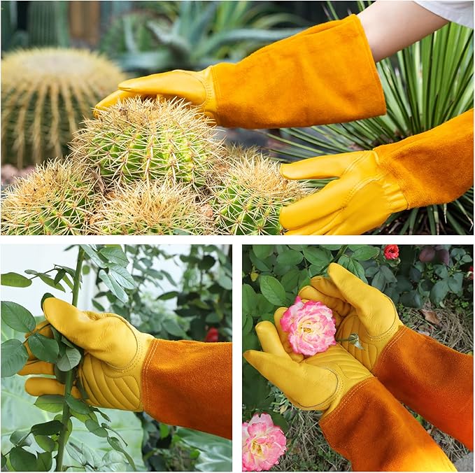 Thorn Proof Gardening Gloves for Men & Women, Long Cowhide Leather Rose Pruning Gloves with Forearm Protection, Puncture Resistant Gauntlets for Cacti, Blackberries & Yard Work(Butter Yellow,L)