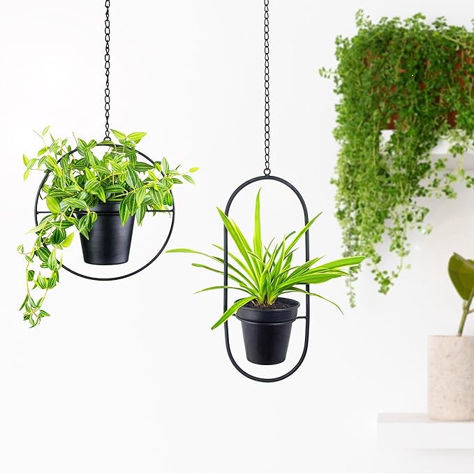 Modern Metal Hanging Planters Set of 2 - Round and Oval Geometric Plant Hangers with 5 Inch Pots - Black Wall and Ceiling Mount Flower Holders for Indoor and Covered Outdoor Décor