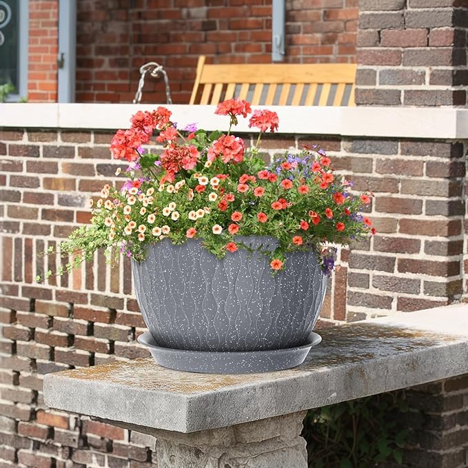 Meowell Large Flower Pots 12/10/9 inch, 3 Set Big Plant Pots for Outdoor Indoor Plants with Water Ripples, Wide Plastic Planters with Drainage Holes and Saucers for Garden House Plants, Speckled Grey