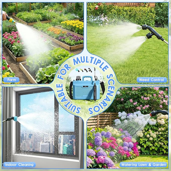 Battery Powered Sprayer 2 Gallons: Features Three-Speed Settings, Battery Indicator, Four Atomizing Nozzles, and an Extendable Spray Wand—Ideal for Backyard Lawn and Garden Tasks