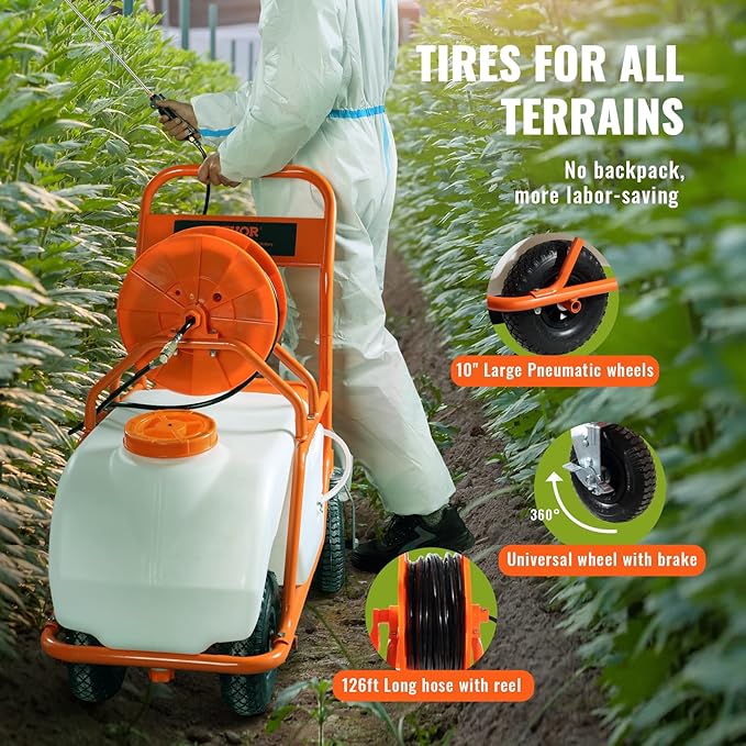 VEVOR Battery Powered 15 Gallon Garden Weed Sprayer with Wheeled Cart, 126FT Hose with Reel, 8 Nozzles, 2 Wands with Lock Trigger, 0-90PSI, 5-6h Spray Time, Wide Mouth Lid, Rotating Wheels with Brake