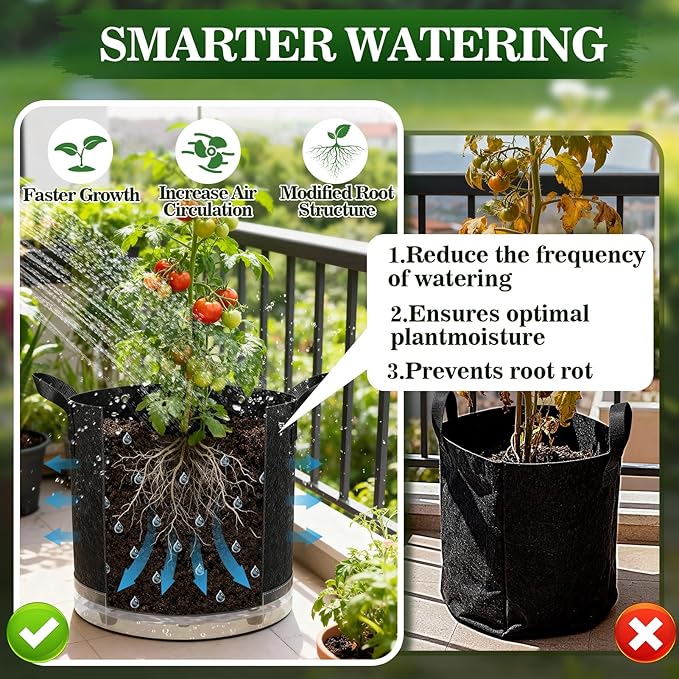 3 Pack 5 Gallon Self-Watering Grow Bags, Thick Nonwoven Fabric Pots with Support Rings and Reinforced Handles, Self-Watering Planters with Bottom Reservoir for Tomatoes Peppers Potatoes and Vegetables