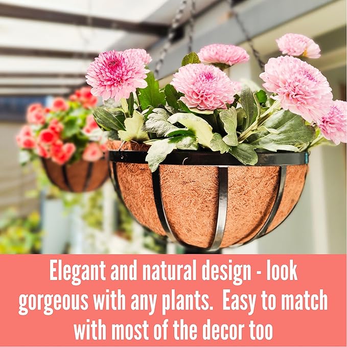 LaLaGreen Outdoor Hanging Baskets for Plants (14 Inch, 4 Pack) Large Hanging Planter with Coco Liner, Round Plant Flat Iron Metal Flower Pots for Deck Patio Porch Garden Balcony Outside Decoration