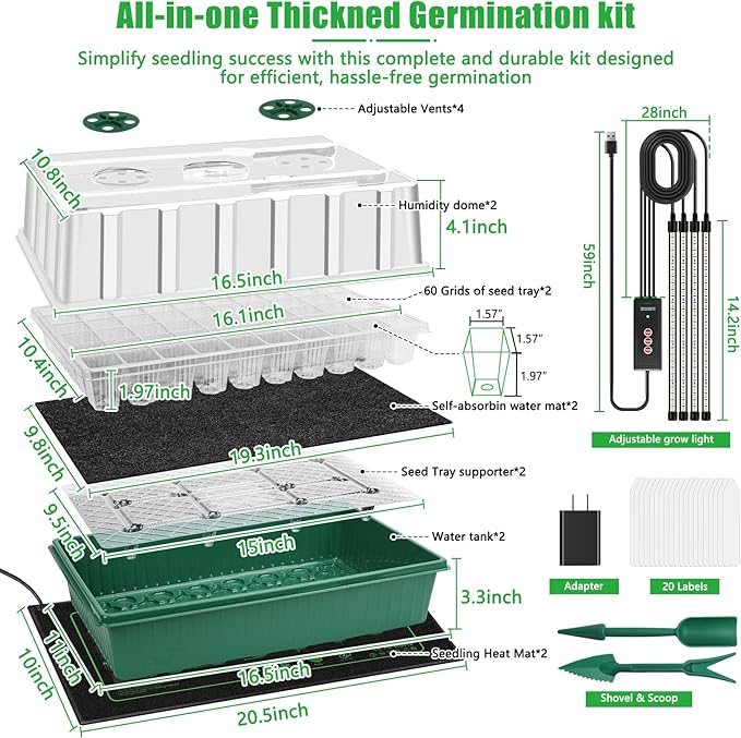 2 Set 120-Cell Seed Starter Kit with Seedling Heat Mat, Self-Watering Seed Starter Tray with Adjustable Brightness Timed Grow Light Humidity Domes, Indoor Seedling Starter Tray Plant Germination Kit