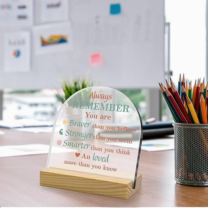 Inspirational Saying Acrylic Plaque, Arched Shape with Wooden Stand, Motivational Mental Health Gift for Women, Encouragement Quotes Desk Decor for Family Friend BFF, Office Home Decor (4"x4")