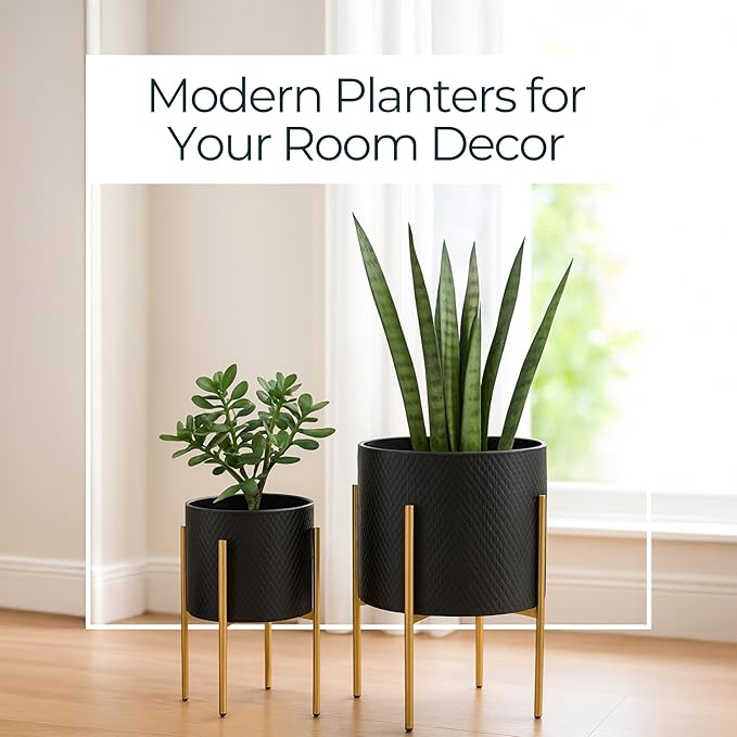 Decorative Flower Pots with Metal Stand for Home Decor - Modern Planters for Hallway, Entryway, and Living Room Decor - Indoor and Outdoor Pots for Plants - Set of 2, 23", 19", Black & Gold