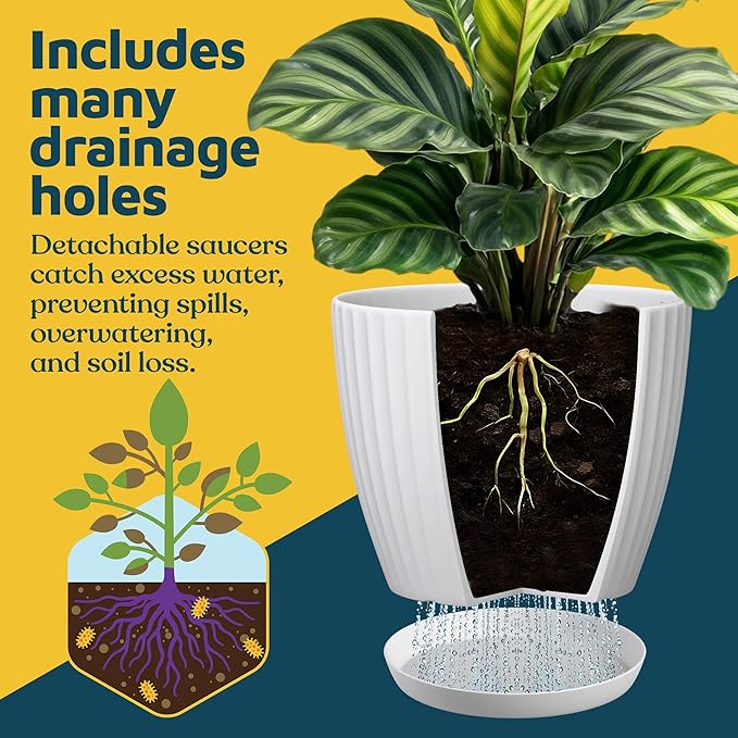 White 6-Inch Plant Pots with Drainage & Saucers 3 Pack, Indoor & Outdoor Planters for Houseplants, Herbs, and Flowers, Durable & Weatherproof Material, Stackable, Lightweight, Minimalist Design