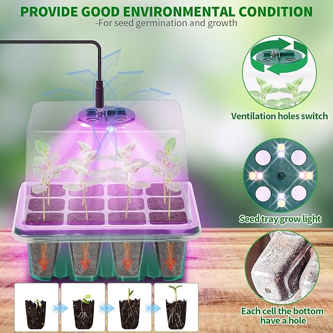 Qoolife Seed Starter Tray with Plant Light, 4 Pack Grow Lights for Seed Starting Kit with Humidity Domes, Timing Controller Adjustable Brightness for Greenhouse Propagator Station Planting Growing