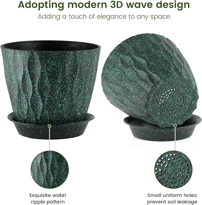Meowell 7 inch Plant Pots for Indoor Outdoor Plants, 5 Pack Thick Flower Pots with Drainage Holes and Saucers, 3D Modern Wave Texture Plastic Planter Nursery Pots, Black with Green Speckles