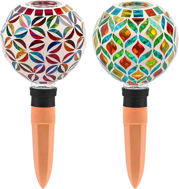 VOREEN Mosaic Plant Watering Globes with Terracotta Spikes, Decorative Glass Watering Globes for Potted Plants, Garden Accent & Thoughtful Gift, Set of 2