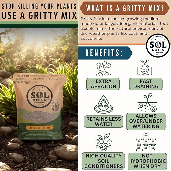 Sol Soils Cactus Soil Potting Mix - Fast Draining, Peat Moss Free, Gritty - 1 Quart - Coconut Husk, Granite, Calcined Clay, Pumice