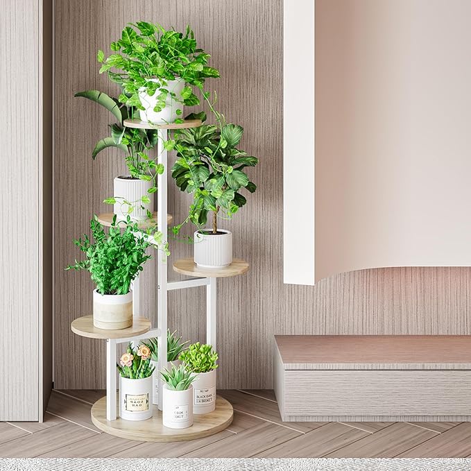 INGIORDAR Plant Stand Indoor Outdoor Corner Flower Stands Multiple Flower Pot Holder for Patio Garden Balcony Living Room 5 Tier White+Sonoma Oak