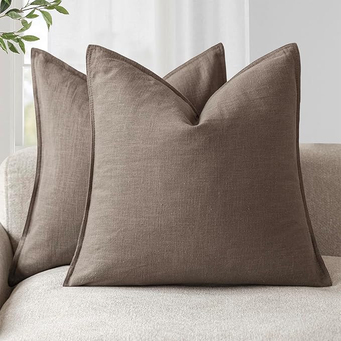 Foindtower Set of 2, Decorative Linen Soild Throw Pillow Covers Soft Accent Euro Cushion Case Farmhouse Neutral Pillowcase for Chair Couch Sofa Bedroom Living Room Home Decor 26 x 26 Inch Light coffee