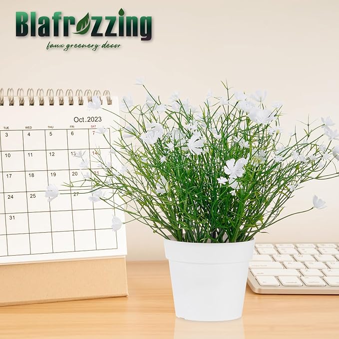 Artificial Babys Breath Potted Fake Plants with Flowers Faux Plants Indoor for Home Office Bookshelf Table Room Decor (White)