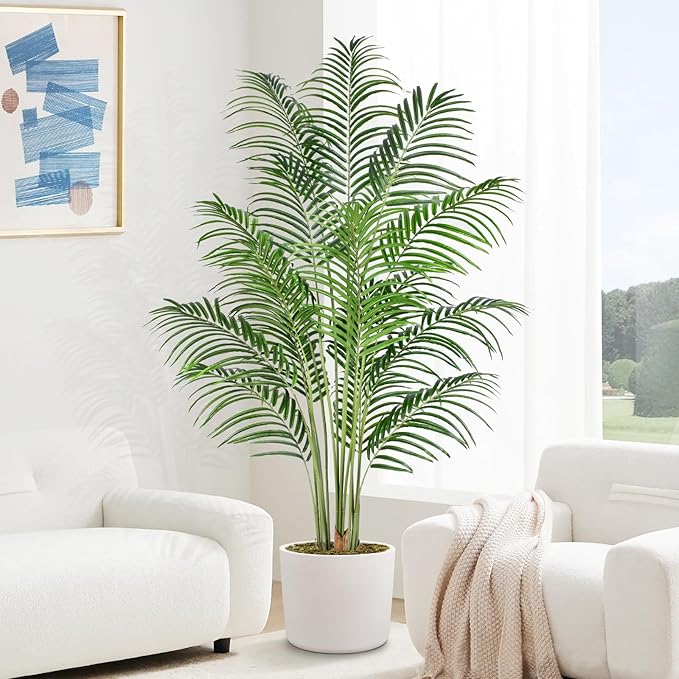 Artificial Palm Tree 6ft Tall Fake Palm Tree Indoor Decor with 18 Leaves and Real Bark Design Faux Tropical Areca Palm Silk Floor Plant in Pot for Home Office Living Room Bedroom Decor 1pcs