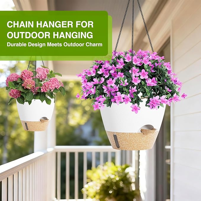 LEWESU Set of 2 Hanging Planters for Indoor Plants with Self Watering Includes Hanging Pots and 2 Types Plant Hangers, Outdoor Hanging Baskets Holder for Home Garden, 10 Inch Oyster White