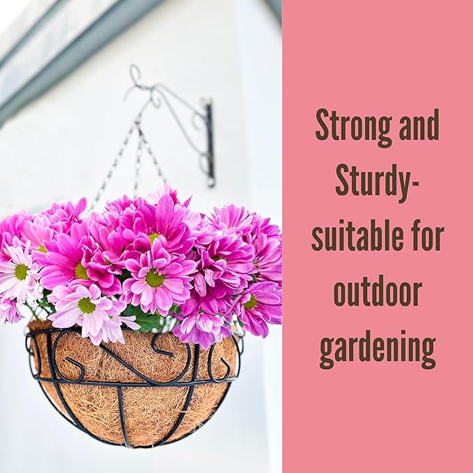 LaLaGreen Hanging Planter for Outdoor Plants (14 Inch, 6 Pack) Hanging Baskets with Coco Liner, Black Metal Wire Flower Basket Pots with Hook Hanger Balcony Porch Farmhouse Country Style Garden Decor