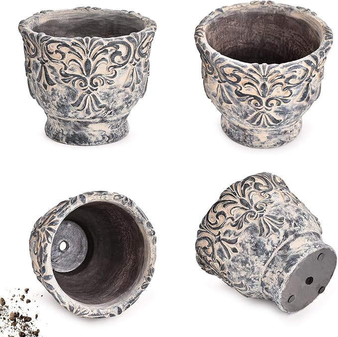 Sungmor 7.3 Inch Cement Plant Pot for Plants, Succulent Planter with Embossed Design, Vintage Concrete Flowerpots with Drainage Hole, Decorative Orchid Houseplant Pot Indoor Outdoor Plant Container