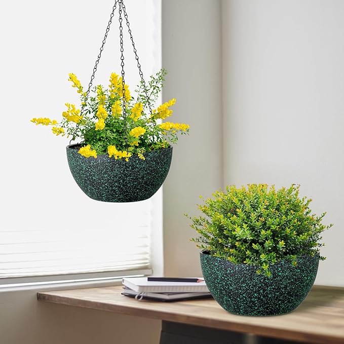 Meowell 12 inch Large Hanging Planters for Indoor Outdoor Plants, 2 Pack Hanging Flower Pots with Drainage Holes and Chain, Plastic Hanging Baskets for House Plants, Black with Green Speckles