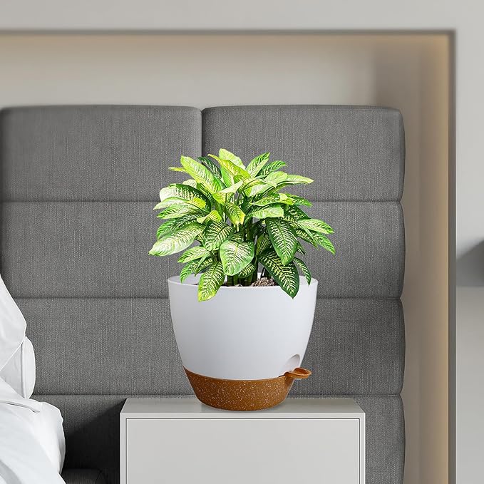 WSMKSZ 12 inch Large Self Watering Pots, Flower Plant Pots with Drainage Holes for Indoor Outdoor Garden Plants, Plastic Planters with Removable Deep Reservoir, White with Brown