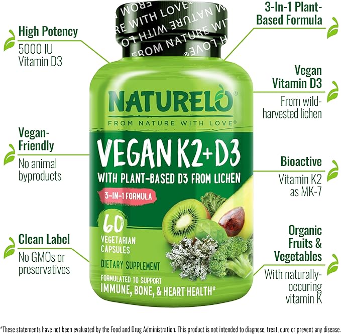 NATURELO Vitamin D3 K2 - Vegan with Plant Based D3 from Lichen - Natural Supplement for Immune System, Bone Support, Heart Health - Whole Food - Non-GMO - Gluten Free, 60 Capsules
