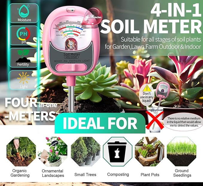 HSLGOVE 4-in-1 Soil Test Kit – Soil Moisture Meter, pH, Fertility & Sun-Light, No Battery Required, Large Dial Soil Tester for Indoor & Outdoor Gardening, Lawn, Farm –Baby Pink