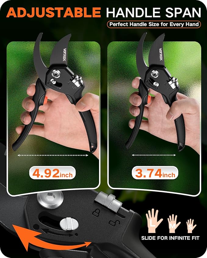 8.5" Pruning Shears for Gardening, 【Unique Stepless Handle Opening】Professional Bypass Garden Clipper, Heavy Duty Plant Pruners for Branch 【SK5 Steel Blades】【All Hand Sizes】, Classic Black