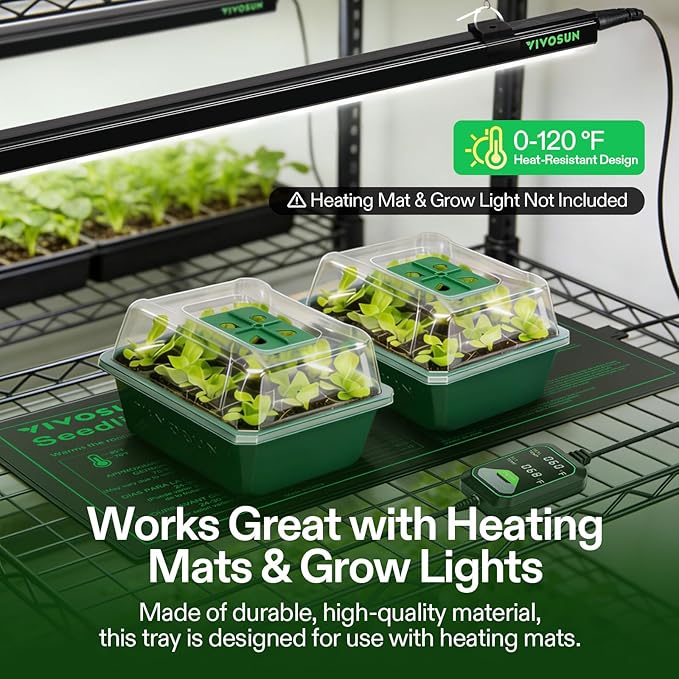 VIVOSUN 12-Pack Seed Starter Trays, 144-Cell Seed Starter Kit with Humidity Dome, Flat Reusable Plant Germination Trays with Drain Hole, Green Propagation Tray for Planting Seeds