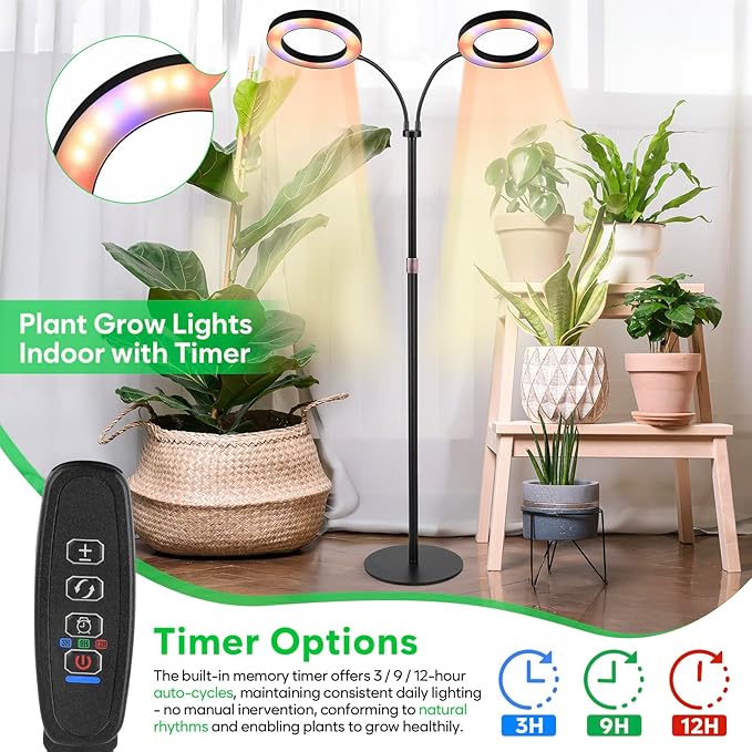 Dual-Head Grow Lights for Indoor Plants, LED Full Spectrum Floor Plant Lamp with Timer 3/9/12H, 10 Dimmable Levels, Flexible Gooseneck, Height Adjustable 23"-67" for Large Houseplants