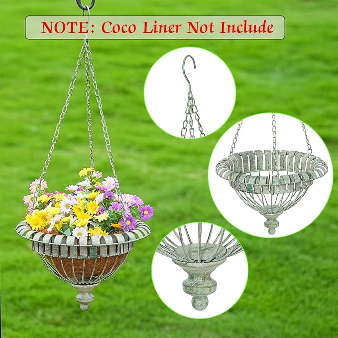 Metal Hanging Planter for Outdoor,Hand-Crafted Rusty Hanging Basket Plant Holder for Outdoor Indoor Garden, Patio, Deck, Porch, Flower Pots