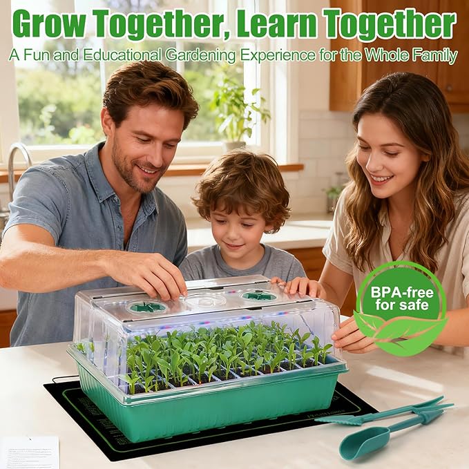 PJT Self Watering Seed Starter Tray with Grow Light & Heat Mat, 60-Cell Seed Starting Kit with 4.3” Humidity Dome for Seed Germination, Complete All-in-One Kit for Easy Seed Starting