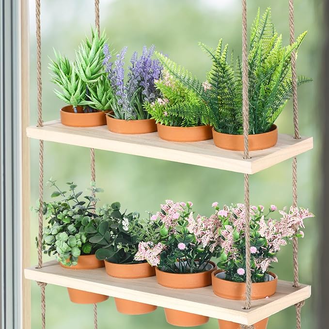 FillTouch 4 Tiered Window Plant Shelves Hanging Herb Planter Indoor Display with 16 Pcs Flower Pots Wood Window Plant Hanger for Grow Herbs Succulents Microgreens Seedling Organization