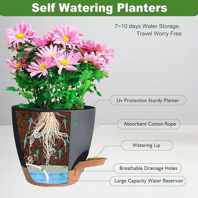 Vanslogreen Planters for Indoor Plants, 8/7/6.5/6/5.5/5 Inch Self Watering Plant Planters with Drainage Hole, Plastic Planters Flower Pots for Indoor Outdoor Plants (Black)